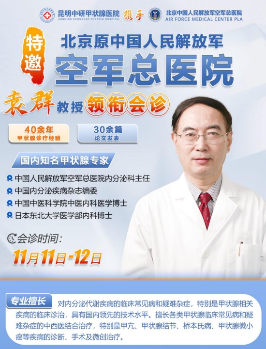 甲状腺联合会诊倒计时！11月11日-12日北京甲状腺医生【袁群】教授来滇会诊！