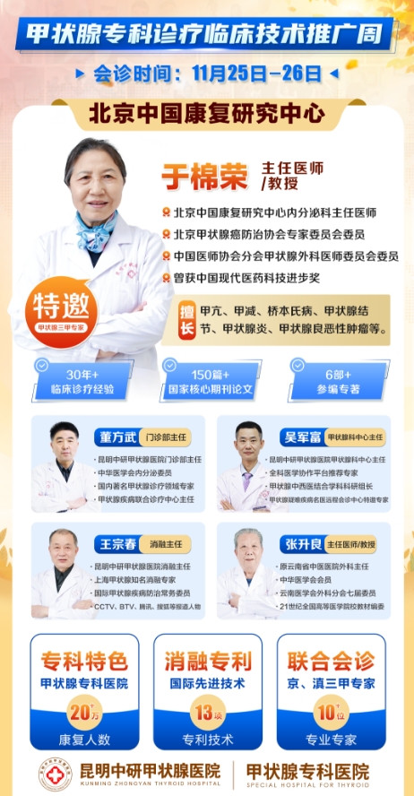 医疗热点资讯！11月25-26日，北京甲状腺名医﹝于棉荣﹞教授来昆明中研医院联合会诊！