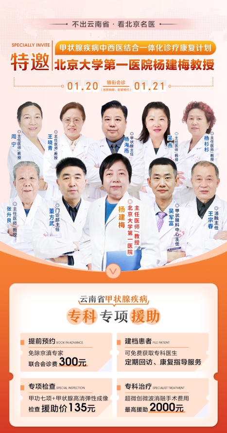 甲状腺疾病中西医结合专业诊疗康复计划启动！1月20-21日，北京甲状腺医生杨建梅教授来滇会诊！